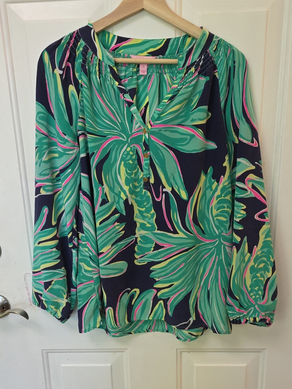 Lilly Pulitzer Navy Floral Peasant Blouse with Green and Pink